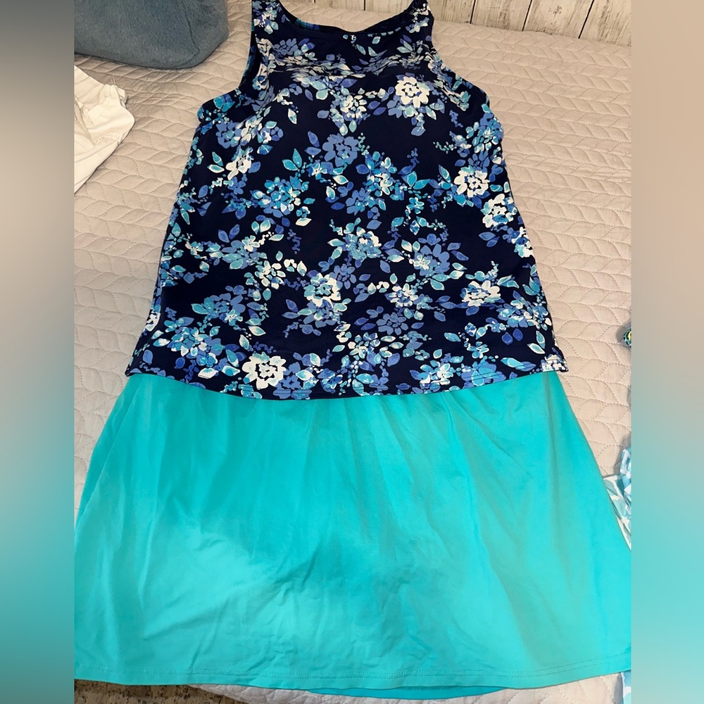 ⭐️⭐️ Lands' End floral teal blue and white 2 pc tankini swimsuit size 16 16L